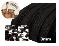 3 Meter Endlos-Reissverschluss 3mm - schwarz -  inkl. 12 Zipper