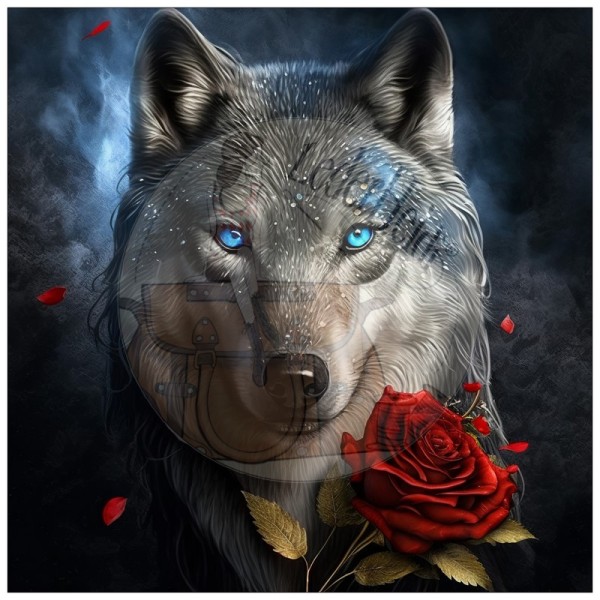Kunstleder Panel "Wolf mit Rose" - 40x40 cm