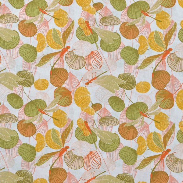 Baumwolle Popeline - leaves - apricot/oliv/ocker