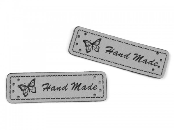 Label aus Kunstleder "Hand Made" - grau- 15x50 mm (5 Stück)